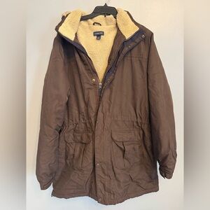 Lands' End Men's Brown Sherpa Lined Parka Hooded Jacket Sz L 42-44